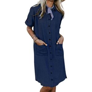 imageCHARTOU Women Summer Button Down Denim Shirt Dress Chambray Short Sleeve Knee Length Shift Jean T Shirt Dress with PocketsNavy Blue