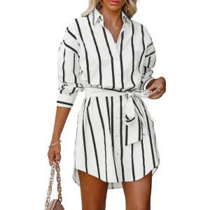 imageCHARTOU Women Summer Causal Stripe Tunic Dress Loose Button Down Shirt Short Dress with BeltBlack