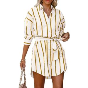 imageCHARTOU Women Summer Causal Stripe Tunic Dress Loose Button Down Shirt Short Dress with BeltYellow