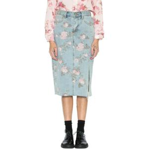 imageCHARTOU Women Summer Floral Print Denim Midi Skirts High Waisted Side Slit Distressed Mini Skirts with PocketsBlue