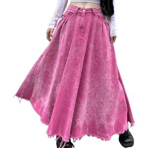 imageCHARTOU Women Summer Long Jean Skirt Y2k Low Waist Frayed Raw Cut Washed Denim Maxi SkirtPink