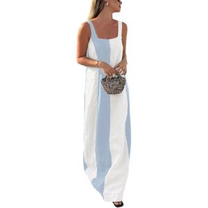 imageCHARTOU Women Summer Sleeveless Linen Dress Contrast Color Maxi Long Beach Vacation Tank DressBlue