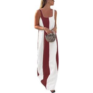 imageCHARTOU Women Summer Sleeveless Linen Dress Contrast Color Maxi Long Beach Vacation Tank DressBrown