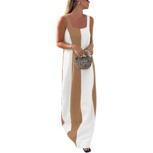 imageCHARTOU Women Summer Sleeveless Linen Dress Contrast Color Maxi Long Beach Vacation Tank DressKhaki