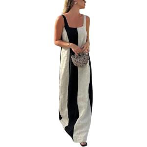 imageCHARTOU Women Summer Sleeveless Linen Dress Contrast Color Maxi Long Beach Vacation Tank DressLinen