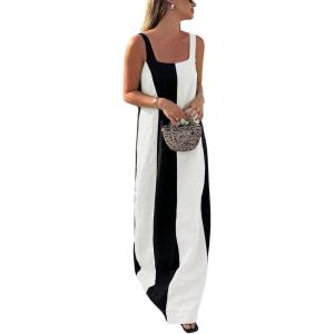 imageCHARTOU Women Summer Sleeveless Linen Dress Contrast Color Maxi Long Beach Vacation Tank DressWhite