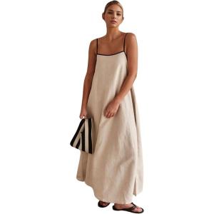 imageCHARTOU Women Summer Spaghetti Straps Linen Sleeveless Maxi Long Flowy DressBeige