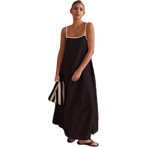 imageCHARTOU Women Summer Spaghetti Straps Linen Sleeveless Maxi Long Flowy DressBlack
