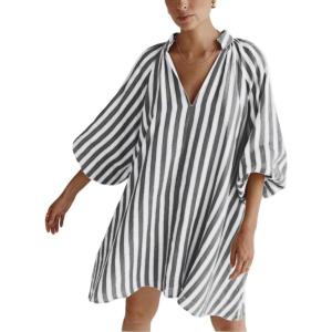 imageCHARTOU Women Summer Striped Beach Vacation Mini Dress 34 Sleeve Boho Chic Outfits Tunic Shift DressBlack
