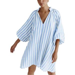 imageCHARTOU Women Summer Striped Beach Vacation Mini Dress 34 Sleeve Boho Chic Outfits Tunic Shift DressBlue