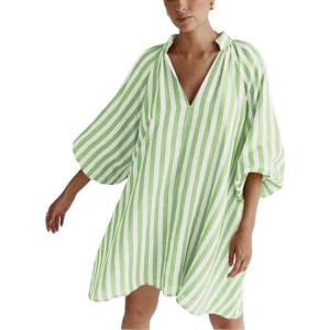 imageCHARTOU Women Summer Striped Beach Vacation Mini Dress 34 Sleeve Boho Chic Outfits Tunic Shift DressGreen