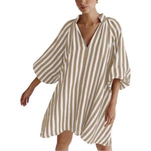 imageCHARTOU Women Summer Striped Beach Vacation Mini Dress 34 Sleeve Boho Chic Outfits Tunic Shift DressKhaki