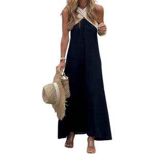 imageCHARTOU Women Summer Vacation Halter Neck Crossover Contrast Trim Cotton Linen Flowy Long DressBlack