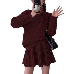imageCHARTOU Women Sweater Skirt 2 Pieces Outfits Oversized Pullover Sweater and Pleated Mini SkirtAncore