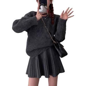 imageCHARTOU Women Sweater Skirt 2 Pieces Outfits Oversized Pullover Sweater and Pleated Mini SkirtGrey