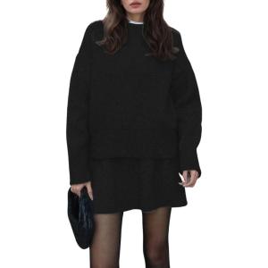 imageCHARTOU Women Sweater Skirt Sets 2 Pieces Outfits Loose Fit Pullover Sweater Knitted Mini SkirtBlack