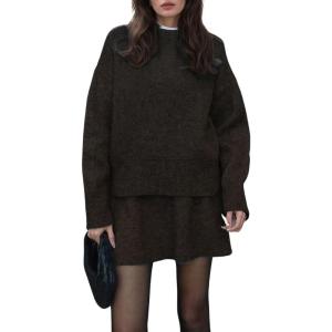 imageCHARTOU Women Sweater Skirt Sets 2 Pieces Outfits Loose Fit Pullover Sweater Knitted Mini SkirtCoffee