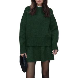 imageCHARTOU Women Sweater Skirt Sets 2 Pieces Outfits Loose Fit Pullover Sweater Knitted Mini SkirtGreen