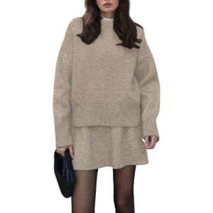 imageCHARTOU Women Sweater Skirt Sets 2 Pieces Outfits Loose Fit Pullover Sweater Knitted Mini SkirtKhaki
