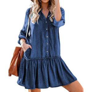 imageCHARTOU Women Tired Denim Babydoll Dress V Neck Mini Dress Jean Button Down Shirt Dress Chambray Ruffle Flowy A Line DressBlue
