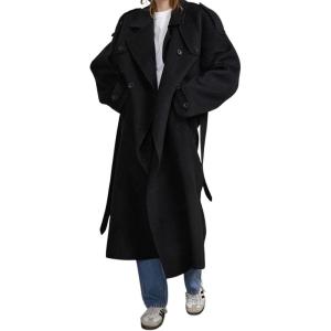 imageCHARTOU Women Vintage DoubleBreasted Wool Coat Notch Lapel Tweed Long Trench Coat Windproof Belted OvercoatBlack
