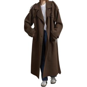 imageCHARTOU Women Vintage DoubleBreasted Wool Coat Notch Lapel Tweed Long Trench Coat Windproof Belted OvercoatBrown