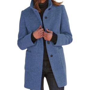 imageCHARTOU Women Winter Long Pea Coat Wool Blend Stand Collar Single Breast Thicken Blazer JacketBlue