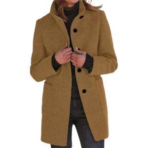 imageCHARTOU Women Winter Long Pea Coat Wool Blend Stand Collar Single Breast Thicken Blazer JacketCamel