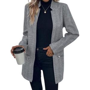 imageCHARTOU Women Winter Mid Long Wool Coat Jacket Open Front Pea Coat Blazer Casual Stand Collar Peacoat Trench Coat OvercoatGrey