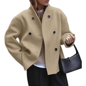 imageCHARTOU Women Winter Stand Collar Wool Blend Jacket Double Breasted Pea Coat Button Cropped Trench Coat OvercoatApricot