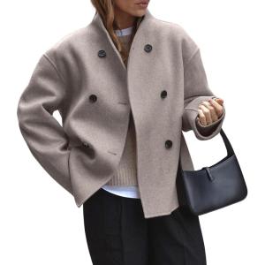 imageCHARTOU Women Winter Stand Collar Wool Blend Jacket Double Breasted Pea Coat Button Cropped Trench Coat OvercoatKhaki
