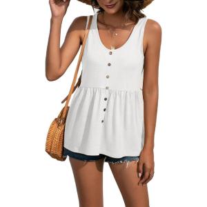 imageCHARTOU Womens Basic UNeck Sleeveless Shirred Flowy Peplum Shirt Tank TopsWhite