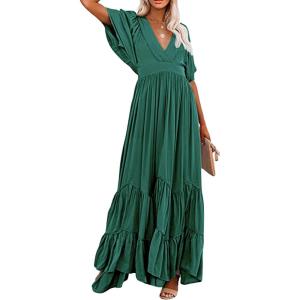 imageCHARTOU Womens Boho Ruffle Sleeve Flowy Maxi Dress Lace Up Back Tiered Party A Line DressGreen