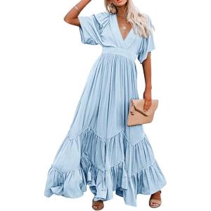 imageCHARTOU Womens Boho Ruffle Sleeve Flowy Maxi Dress Lace Up Back Tiered Party A Line DressLight Blue