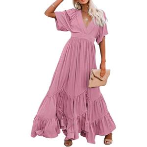 imageCHARTOU Womens Boho Ruffle Sleeve Flowy Maxi Dress Lace Up Back Tiered Party A Line DressPink