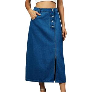 imageCHARTOU Womens Buttons Side Slit Midi Denim Skirt A Line Mid Long Jean Skirt with PocketsDark Blue