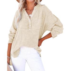 imageCHARTOU Womens Casual Cotton Pullover Tops Long Sleeve V Neck Blouse Front Button Lightweight Loose ShirtsApricot