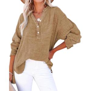 imageCHARTOU Womens Casual Cotton Pullover Tops Long Sleeve V Neck Blouse Front Button Lightweight Loose ShirtsFaw