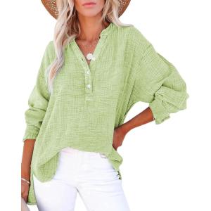 imageCHARTOU Womens Casual Cotton Pullover Tops Long Sleeve V Neck Blouse Front Button Lightweight Loose ShirtsGreen