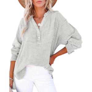 imageCHARTOU Womens Casual Cotton Pullover Tops Long Sleeve V Neck Blouse Front Button Lightweight Loose ShirtsLight Grey