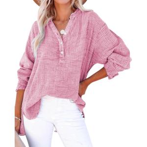 imageCHARTOU Womens Casual Cotton Pullover Tops Long Sleeve V Neck Blouse Front Button Lightweight Loose ShirtsPink