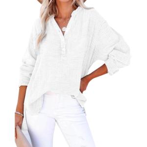 imageCHARTOU Womens Casual Cotton Pullover Tops Long Sleeve V Neck Blouse Front Button Lightweight Loose ShirtsWhite