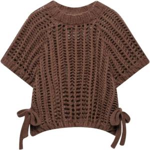 imageCHARTOU Womens Chunky Knit Cropped Sweater Vest Cute Side Bow Tie Hollow Out Loose Pullover Tank TopsCoffee