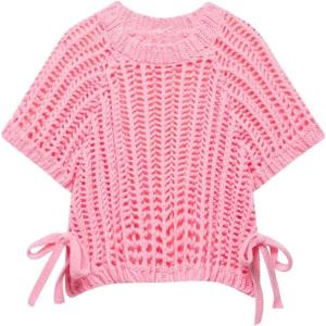 imageCHARTOU Womens Chunky Knit Cropped Sweater Vest Cute Side Bow Tie Hollow Out Loose Pullover Tank TopsPink