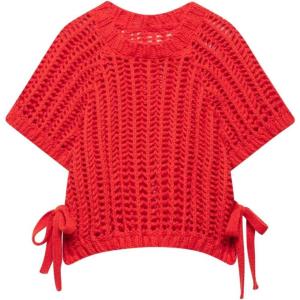 imageCHARTOU Womens Chunky Knit Cropped Sweater Vest Cute Side Bow Tie Hollow Out Loose Pullover Tank TopsRed