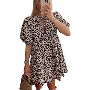 imageCHARTOU Womens Cute Bow Tie Front Mini Dress Babydoll Puff Short Sleeve Dresses Ruffle Y2k Peplum SundressLeopard Print