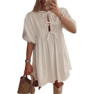 imageCHARTOU Womens Cute Bow Tie Front Mini Dress Babydoll Puff Short Sleeve Dresses Ruffle Y2k Peplum SundressWhite