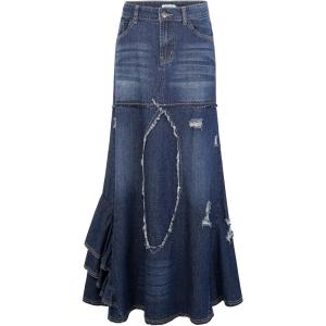 imageCHARTOU Womens Distressed Packaged Hip Irregular Ruffle Tiered Maxi Long Denim SkirtDark Blue