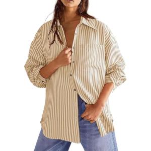 imageCHARTOU Womens Dressy Striped Button Up Shirts Collared Long Sleeve Blouse Casual V Neck Oversized TopsApricot