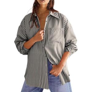 imageCHARTOU Womens Dressy Striped Button Up Shirts Collared Long Sleeve Blouse Casual V Neck Oversized TopsBlack